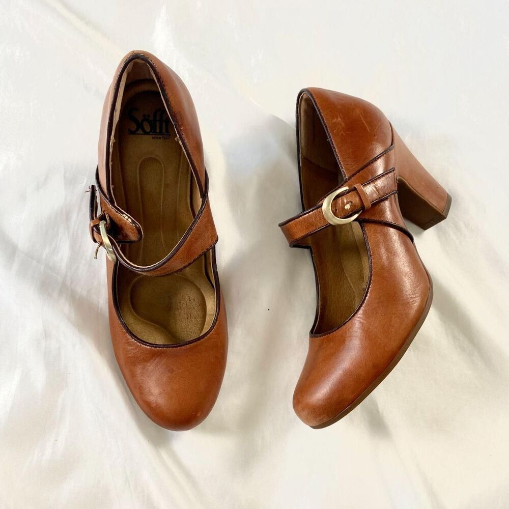 Söfft Brown Tan Leather Chunky Coquette Whimsi Mary Jane Heels US 7.5